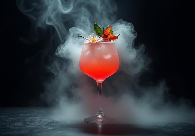 An artisanal cocktail presented with dramatic smoke effect and delicate garnishes