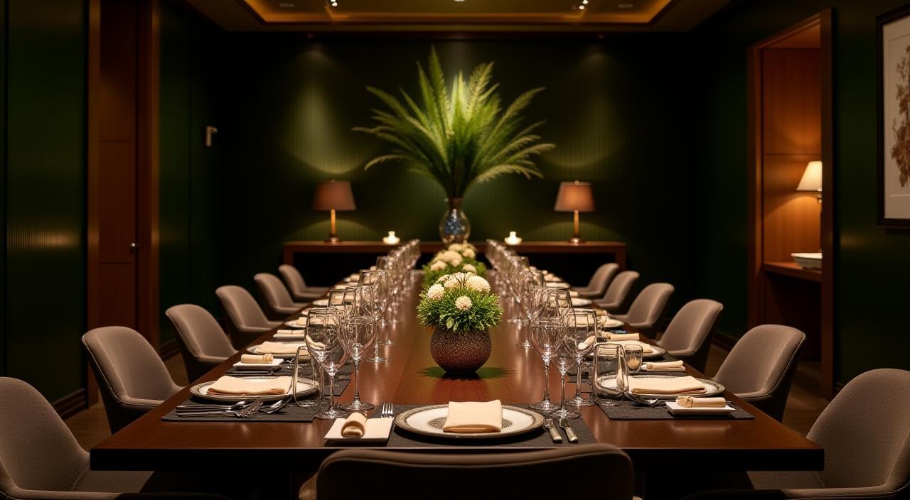 An elegant private dining room at Misty Bloom, set for an event